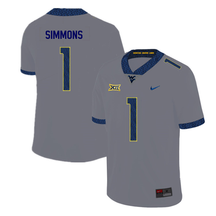 2019 Men #1 T.J. Simmons West Virginia Mountaineers College Football Jerseys Sale-Gray - Click Image to Close